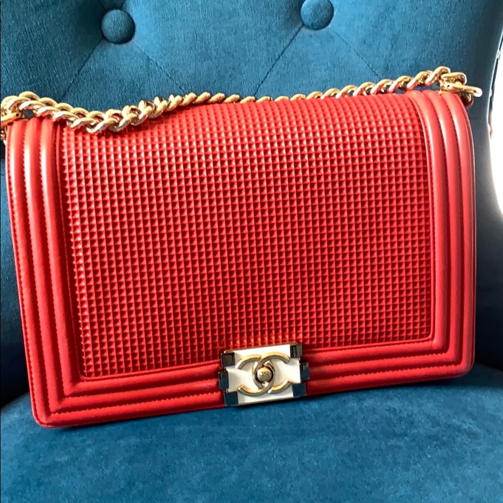 CHANEL Red Waffle Large Boy Bag